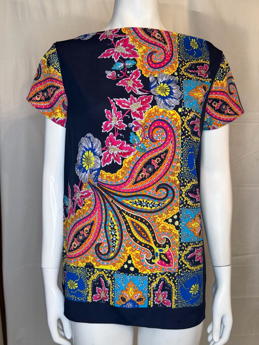 Navy Paisley Off-Shoulder Blouse with Pink & Yellow Accents
